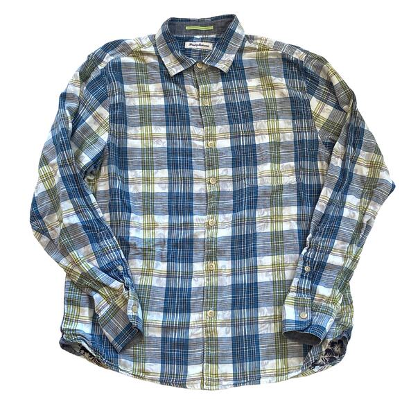 Tommy Bahama Shirt Mens Size Large Blue Plaid Flip Cuffs Button Up Long Sleeve - Picture 2 of 10